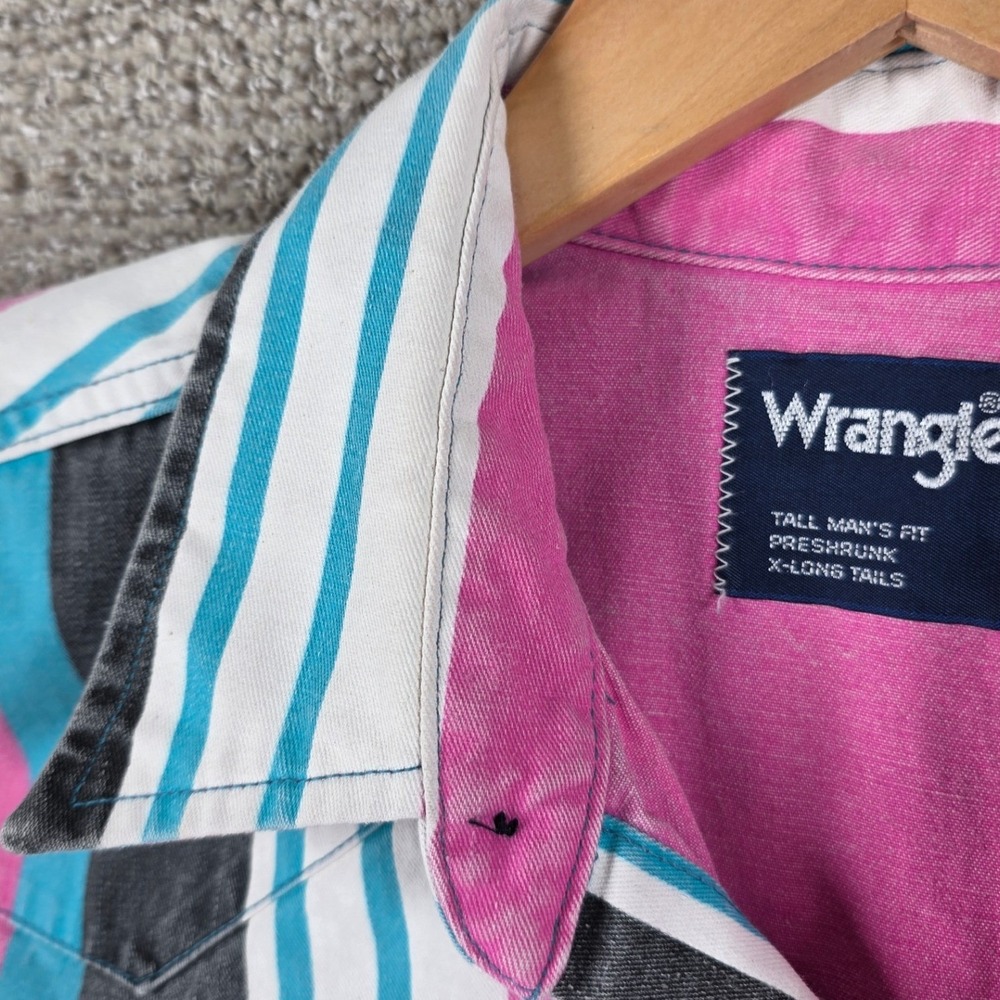 Vintage Wrangler Brushpopper Mens Western Shirt Pink Striped X-Long Tails 17x36 - Picture 7 of 10